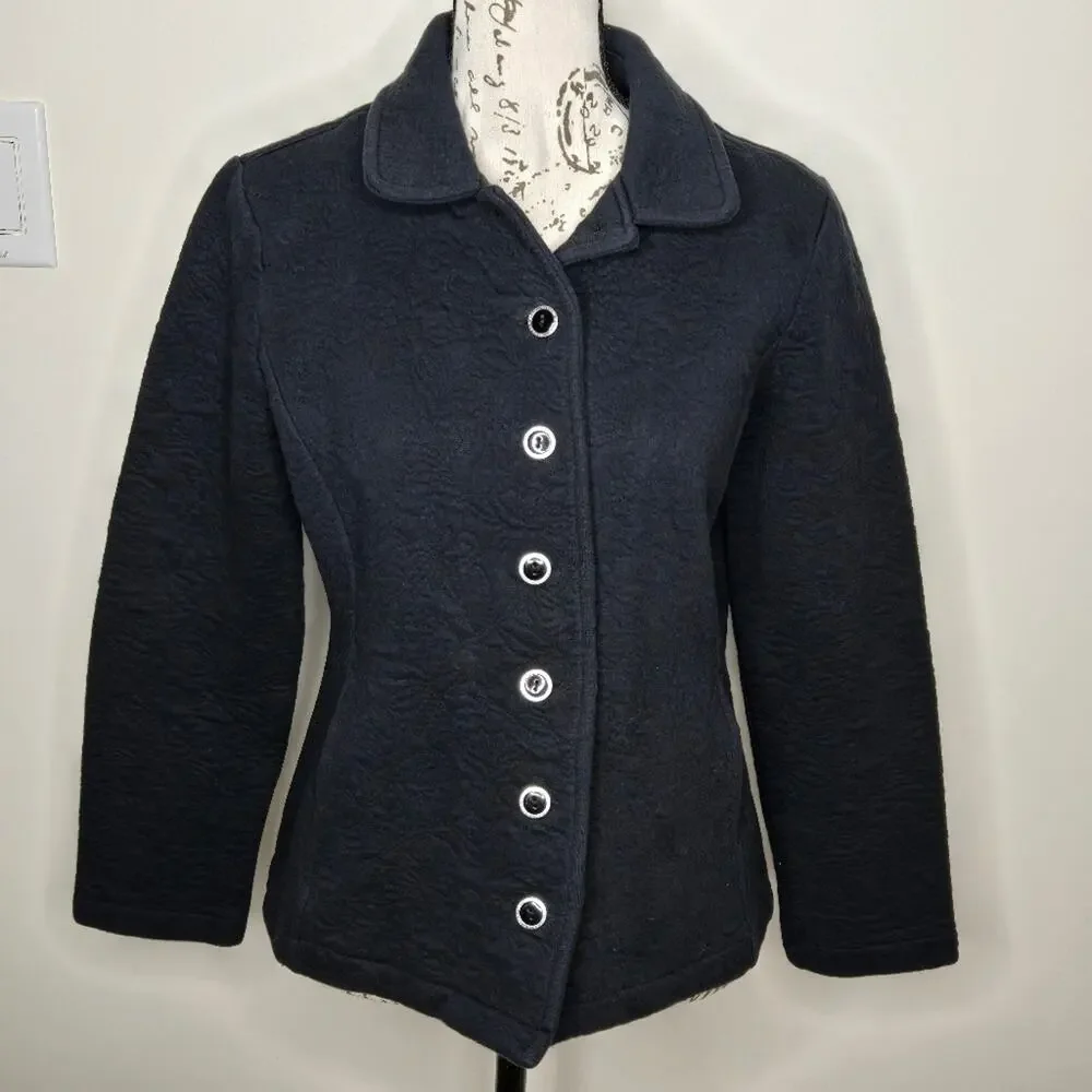 ISAAC MIZRAHI Navy Blue Floral Pattern  Quilted Jacket Collared Button Front S